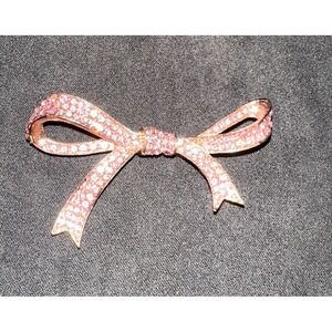Vintage KJL Kenneth Jay Lane Bow Brooch Pin OS Pink Rhinestone Crystal Rose Gold